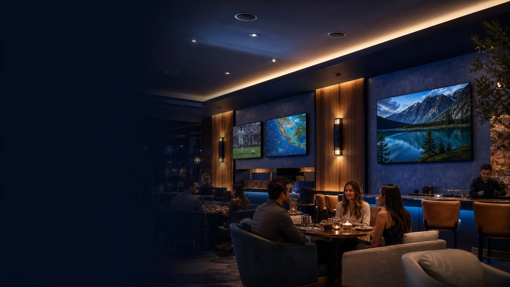 Restaurant lounge with controlled television programming and integrated background music