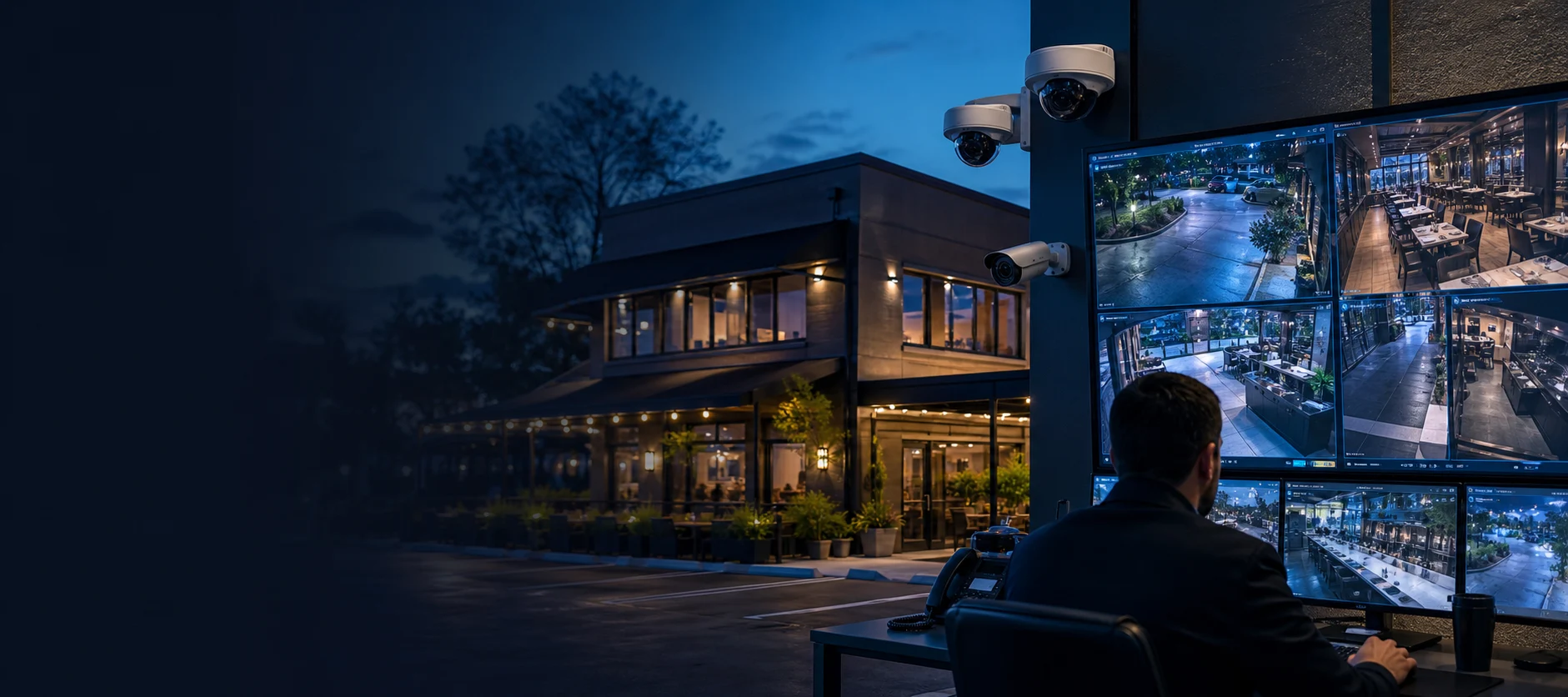 Commercial property protected by professionally monitored video surveillance
