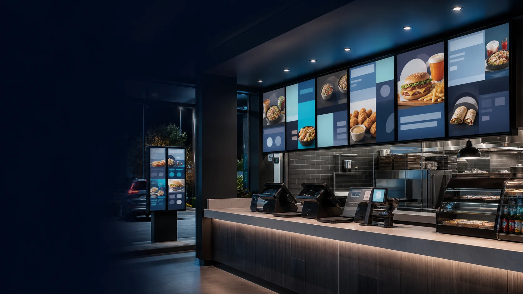 Digital menu boards above a restaurant ordering counter with a connected drive-through display