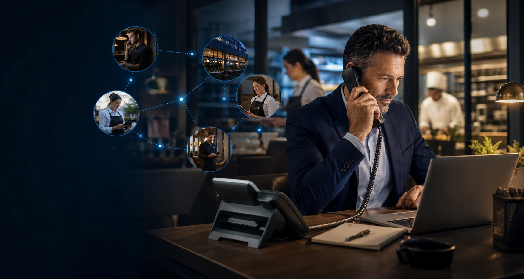Business manager using a connected voice system across multiple locations